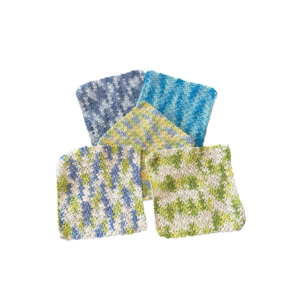 NEW set of 5 handmade crocheted cotton wash cloths 8X8 inches blue‎ green yellow